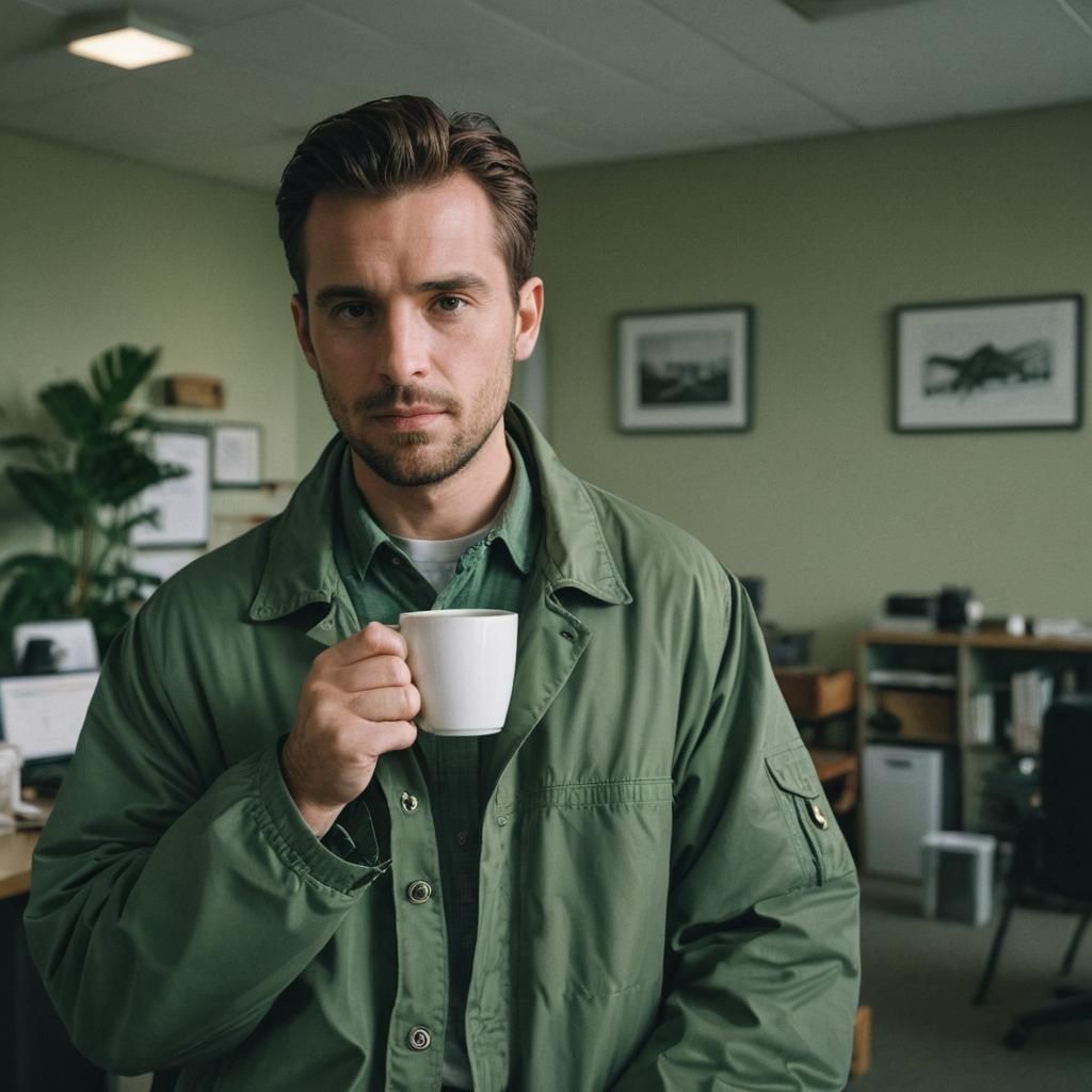 Man Drinking Coffee in Office: Cinematic Film Still
