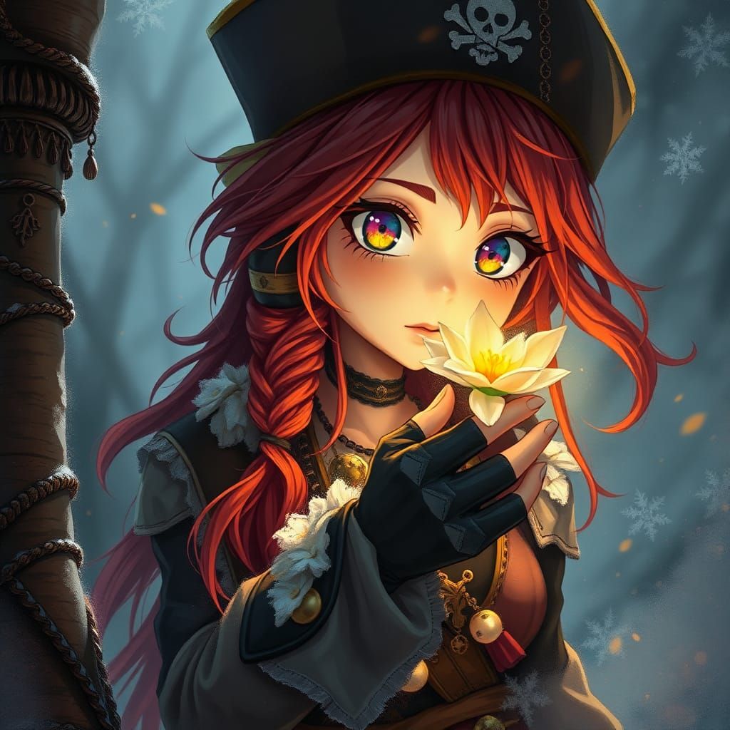 Ethereal Pirate with Glowing Flower, in Anime Style