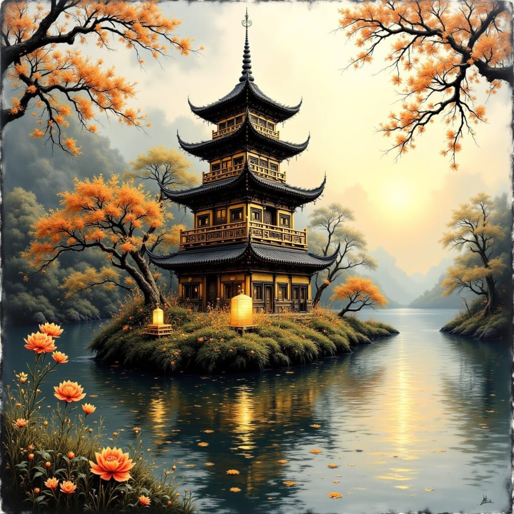 Ancient Pagoda Floats on River in Painterly Style