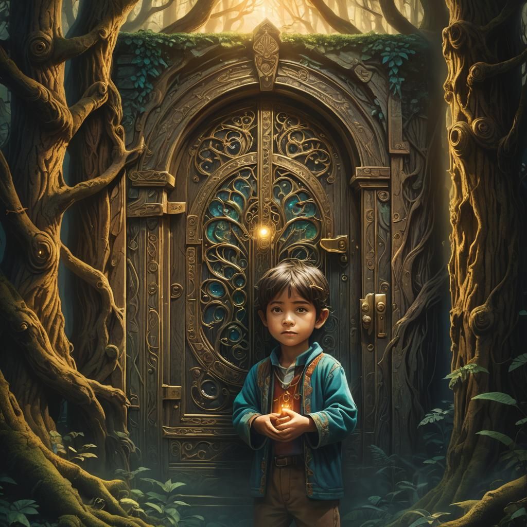 Mysterious Child with Glowing Eyes in Mystical Forest