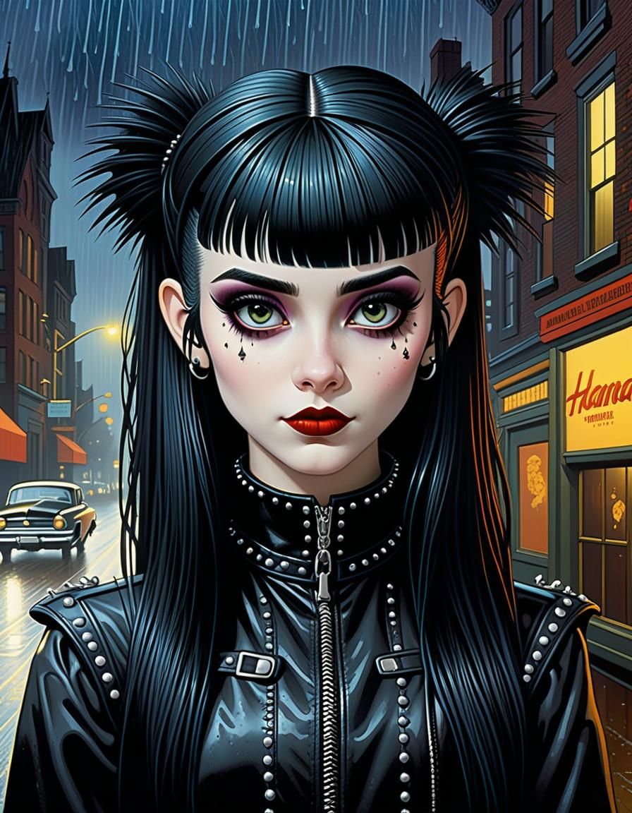 Goth Punk Teen Portrait in 1980s Cartoon Style