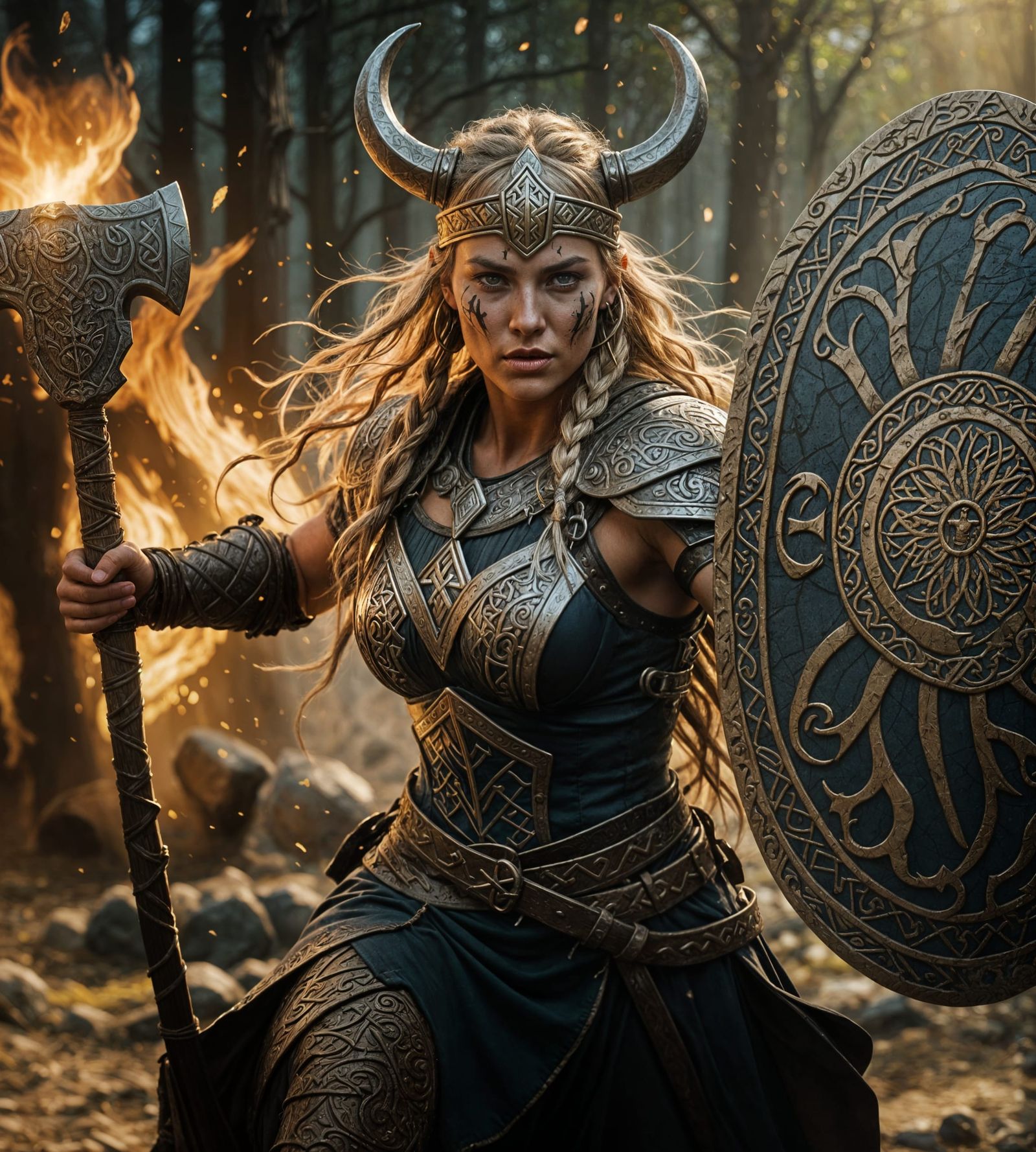 Viking Warrior Leaping with Axe in Golden Light