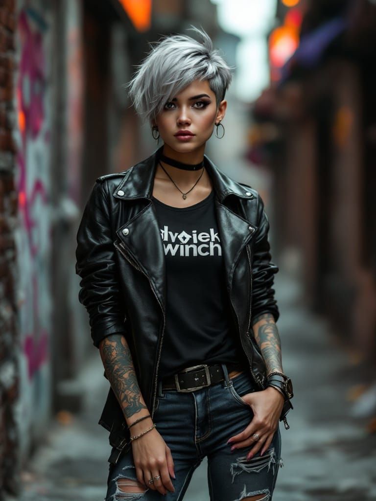 Confident Woman with Silver Hair & Tattoos in Urban Setting