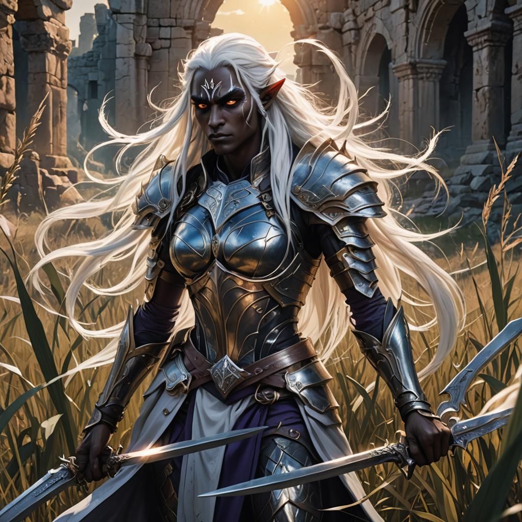 Retrato de una misteriosa y exótica guerrera elfo oscura, co...