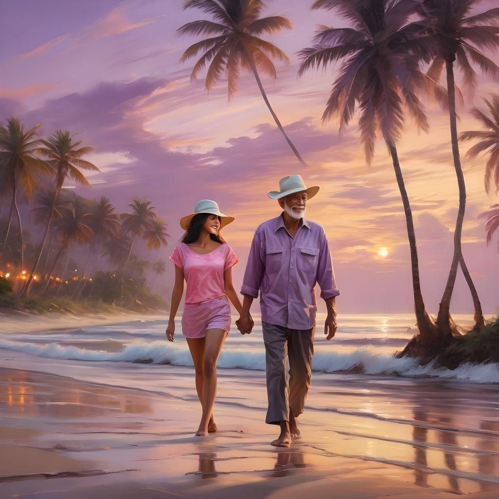 Thai Lady and Western Man Walk on Beach