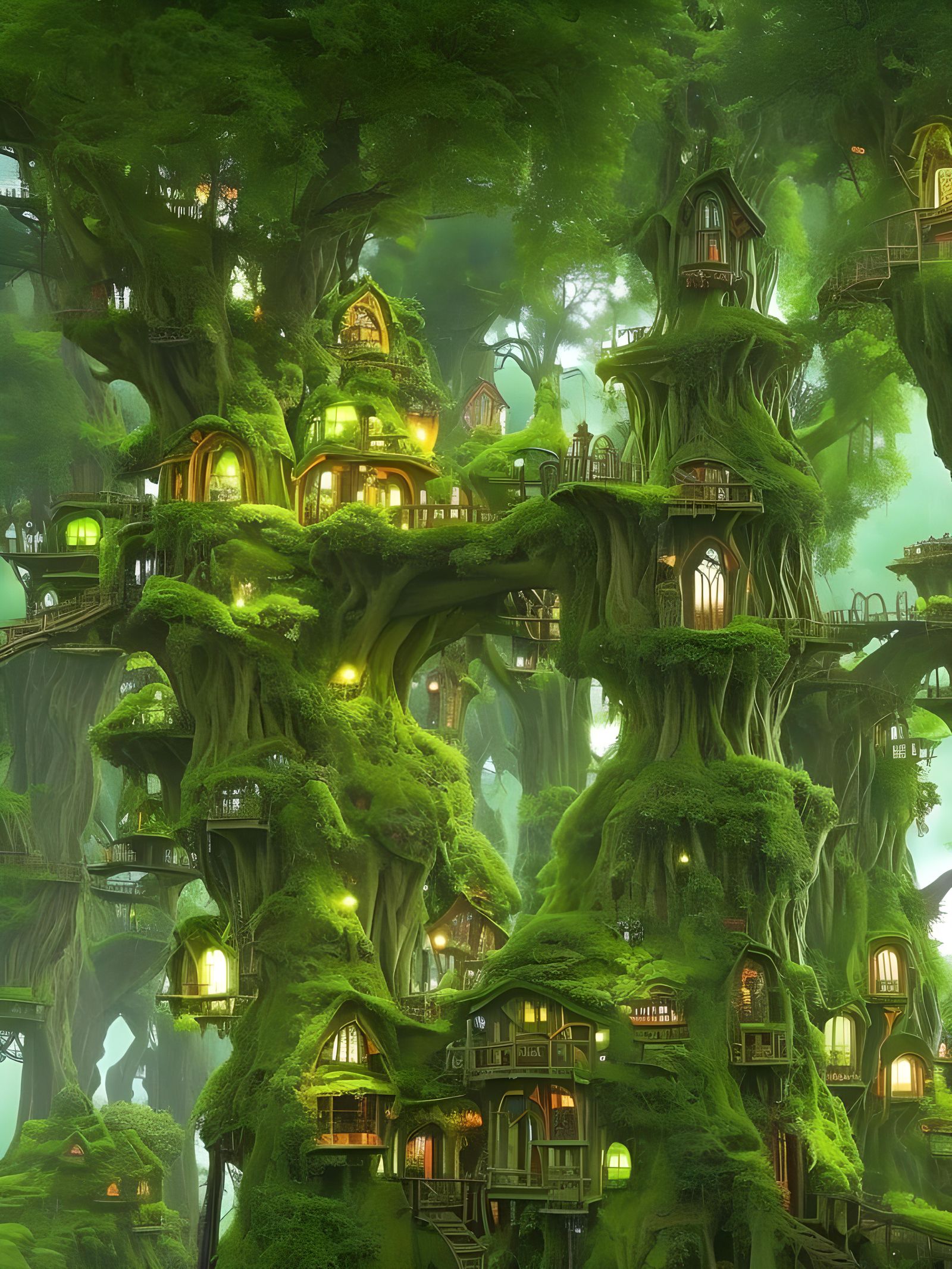 Magical Elvish Treehouse Village in Colorful Fantasy Setting