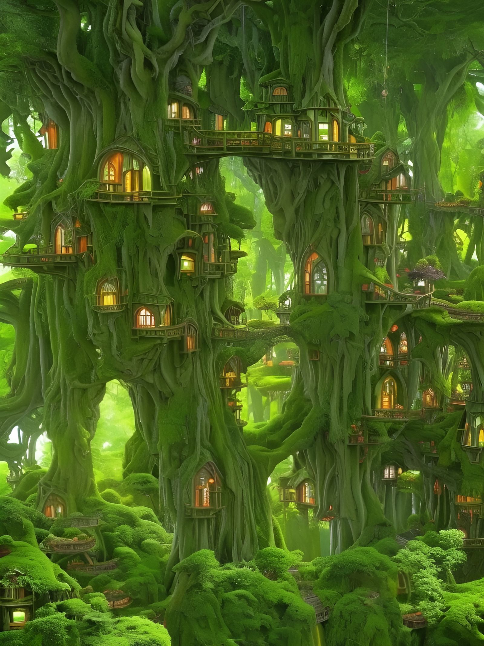 Enchanting Elvish Treehouse Village in Fantasy Setting
