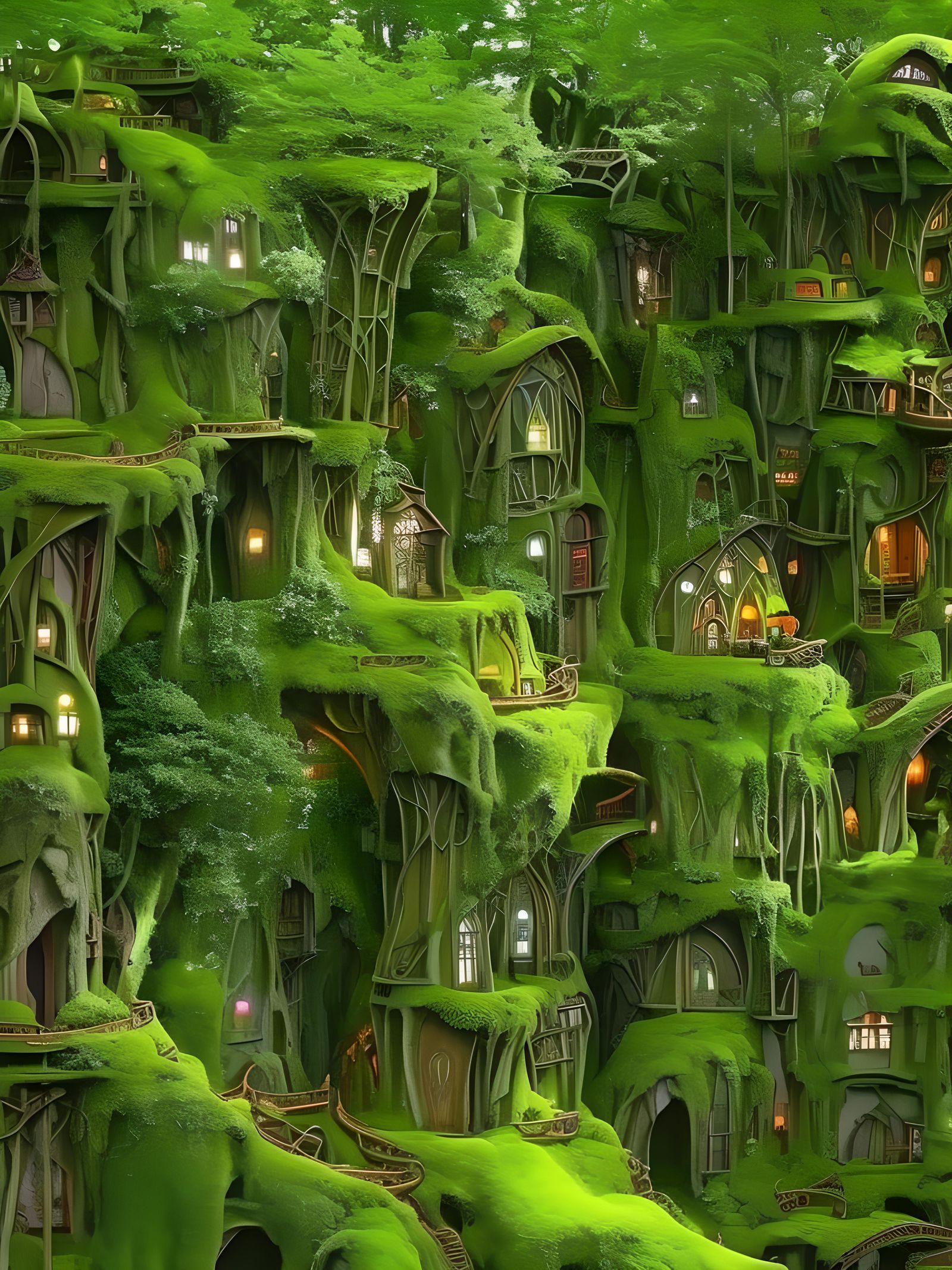 Enchanted Elven Tree Village in Colorful Fantasy Setting
