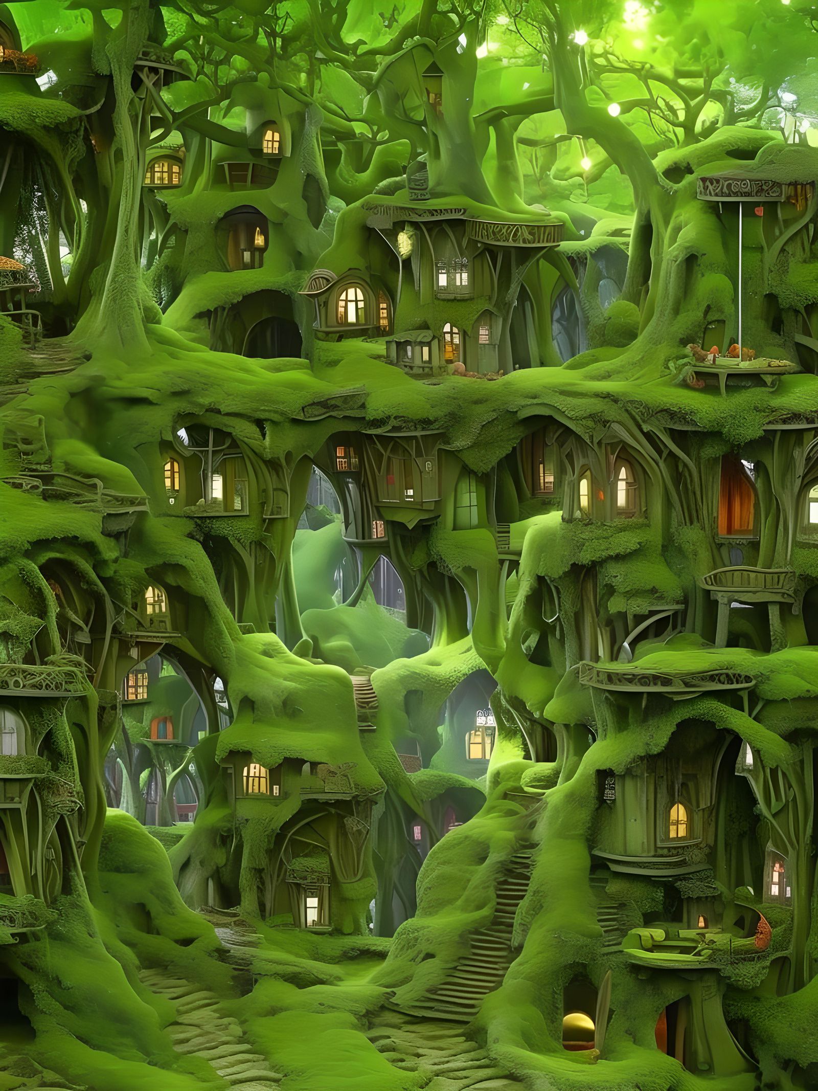 Enchanted Elvish Tree Village in Fantasy Setting