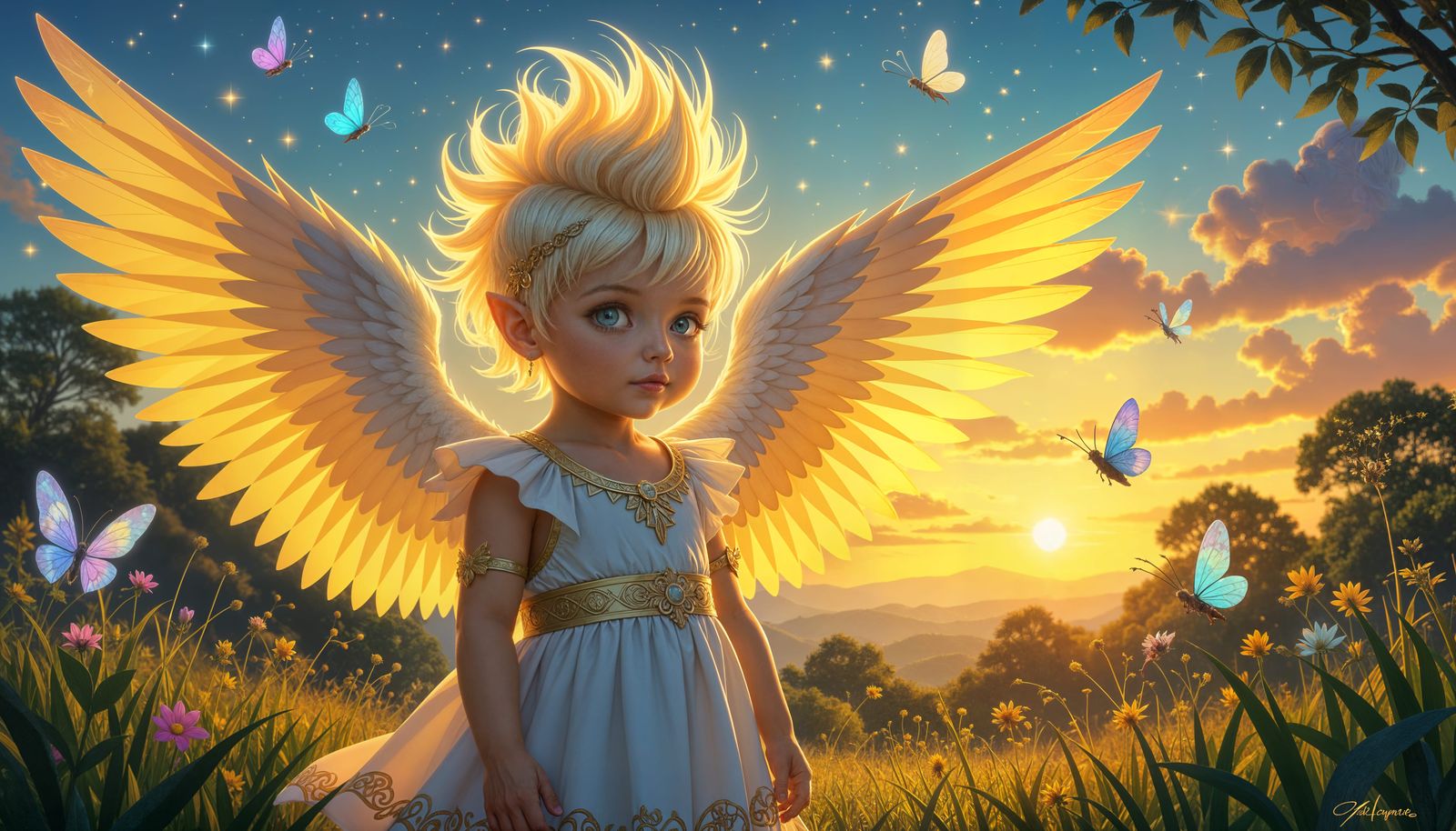 Baby Valkyrie Angel in Twilight with Pixies, Cosmic Illustra...