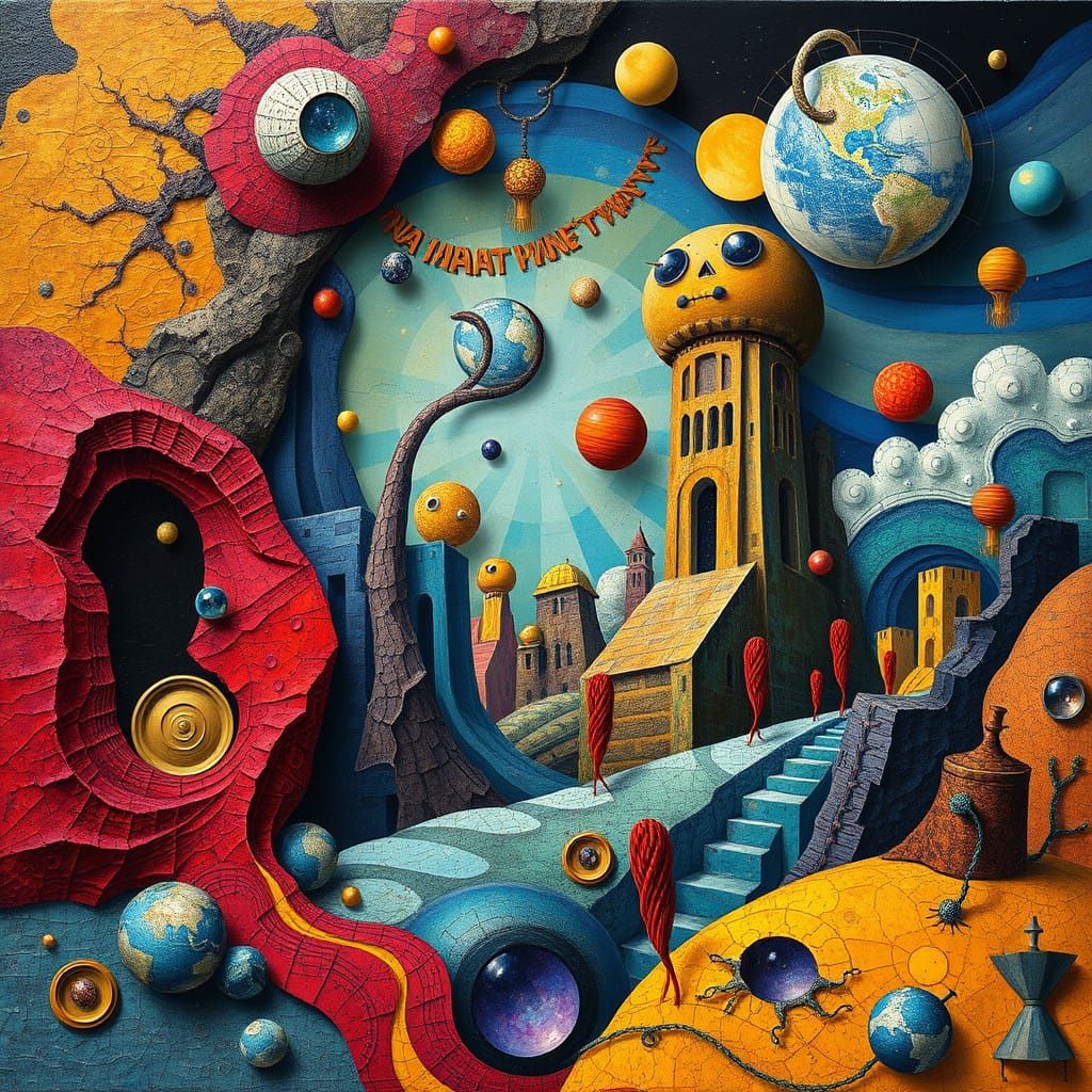 Dadaist Dreamscapes in Vibrant Colors and Geometric Patterns