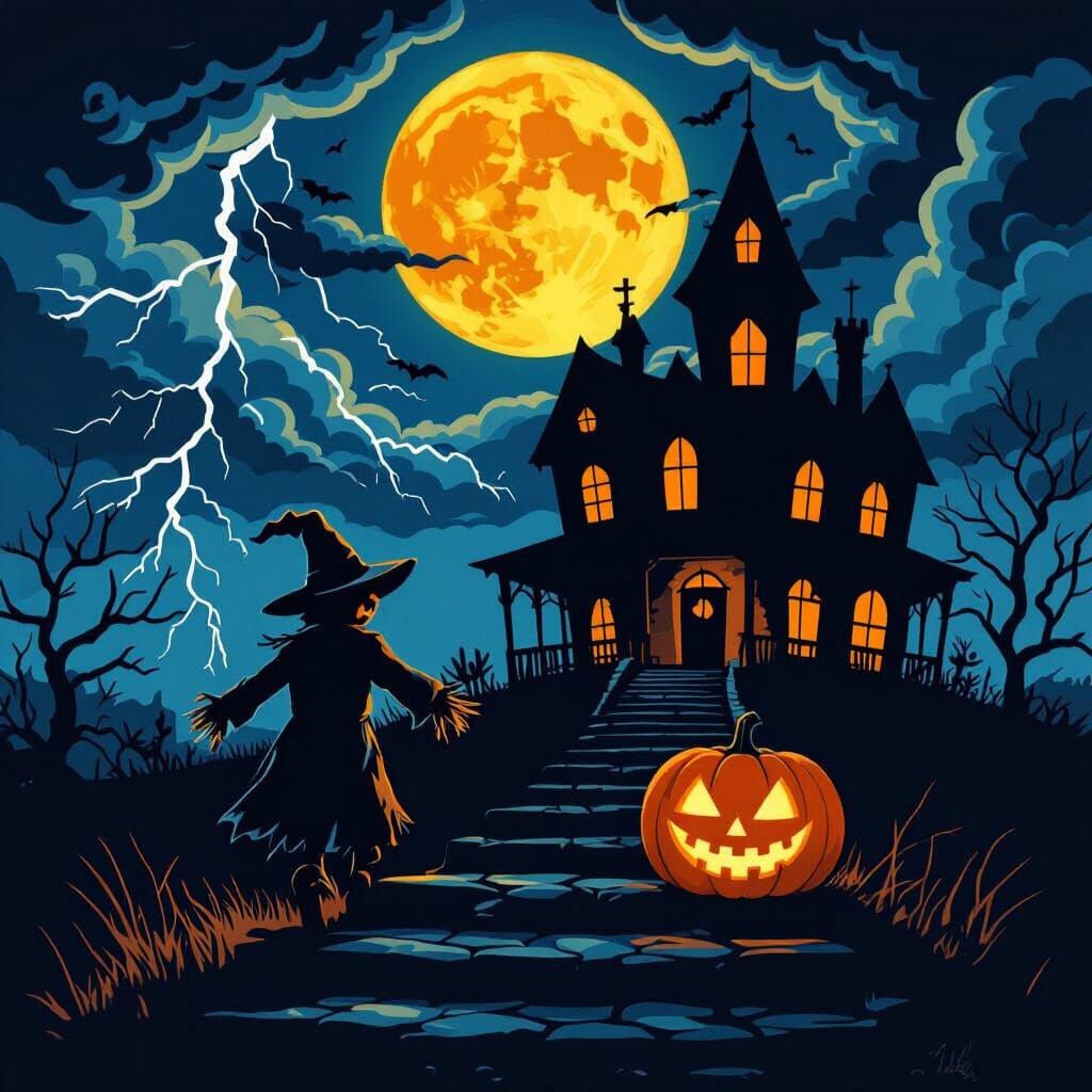Scarecrow & Pumpkin Approach Haunted Mansion Under Moonlit S...