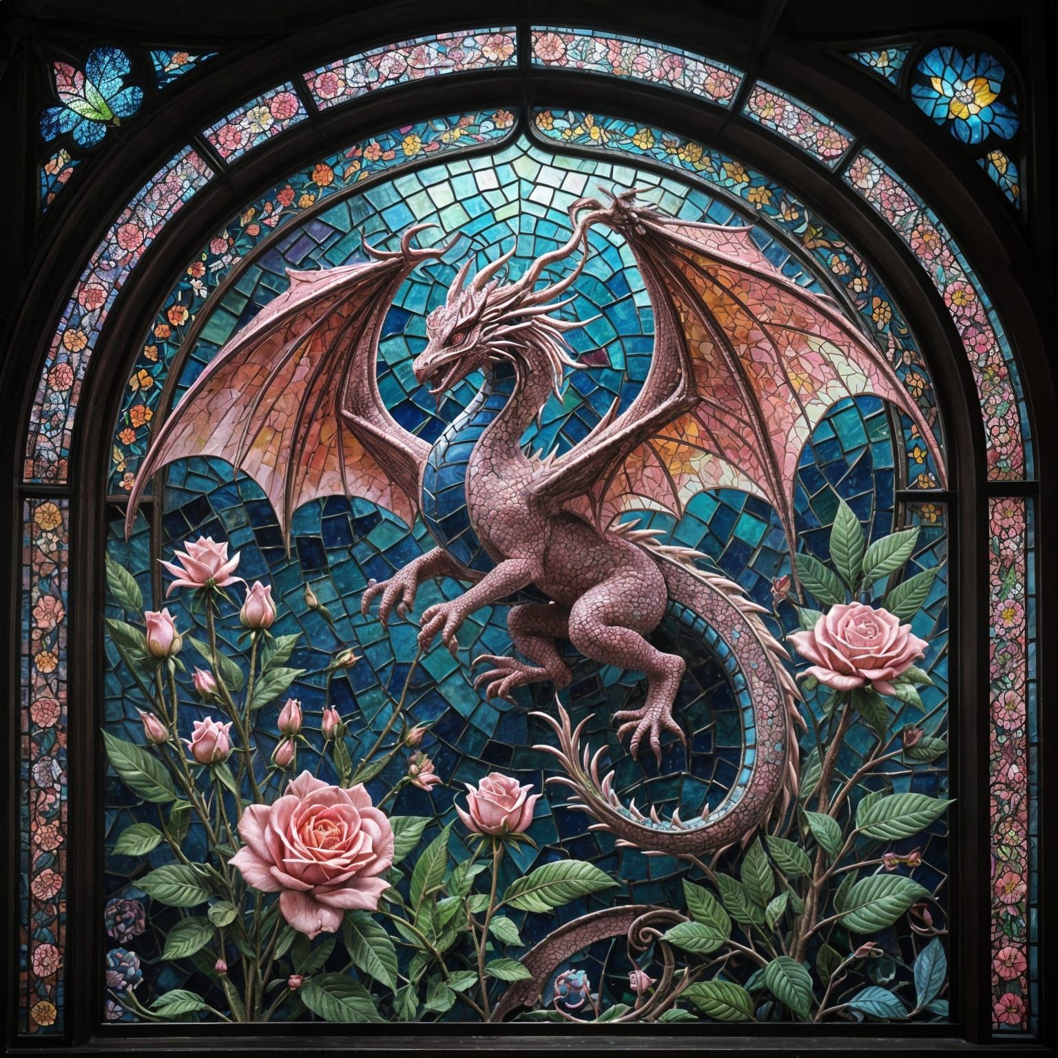Surreal Pink Dragon Emerges from Vibrant Glass Mosaic