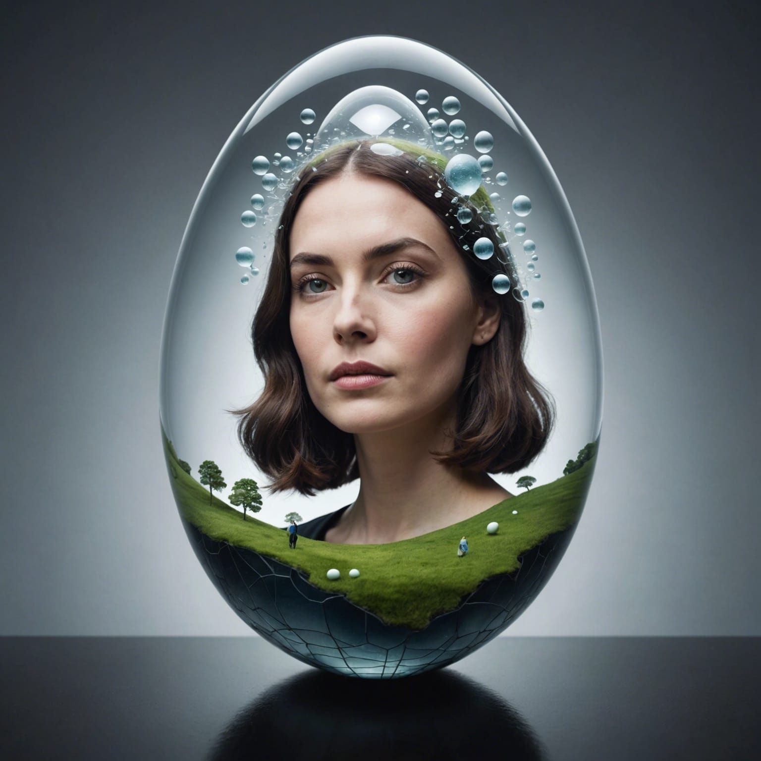 A woman in a world shaped like a glass egg