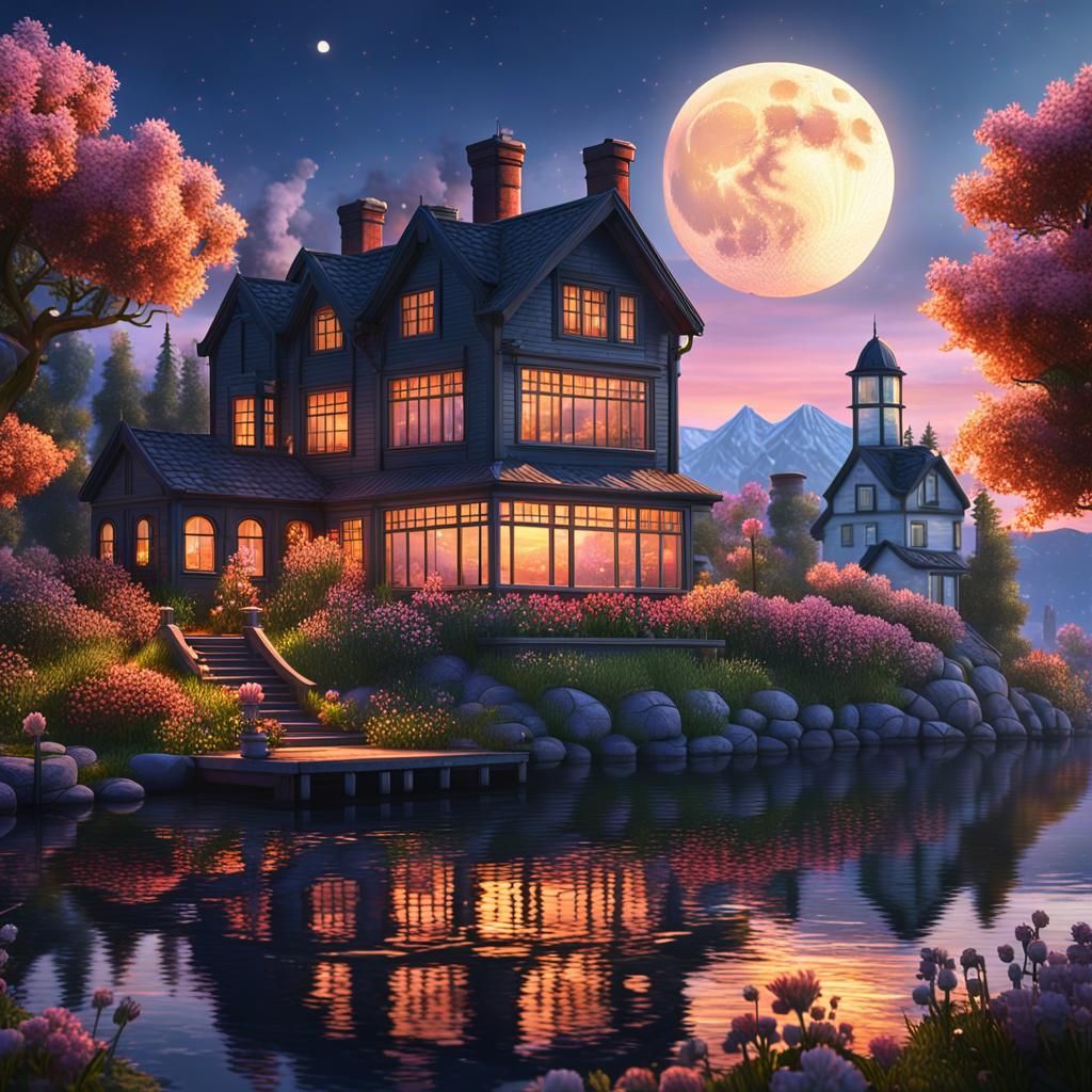 Picturesque Lake House at Sunset: Fantasy Concept Art