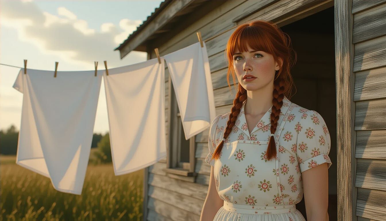 Worn Housewife Hanging Laundry in Hyperrealistic Style