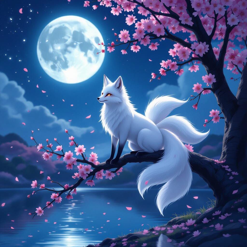 Majestic White Nine-Tailed Fox in Mystical Night Sky