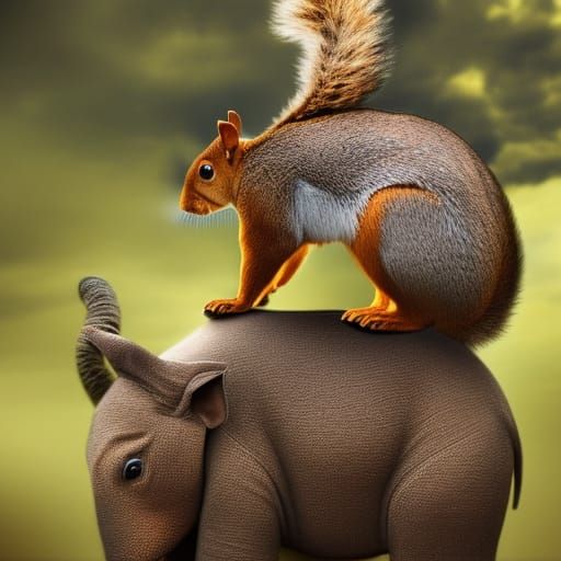 Giant Squirrel Rides Elephant: Hyperrealistic Composition