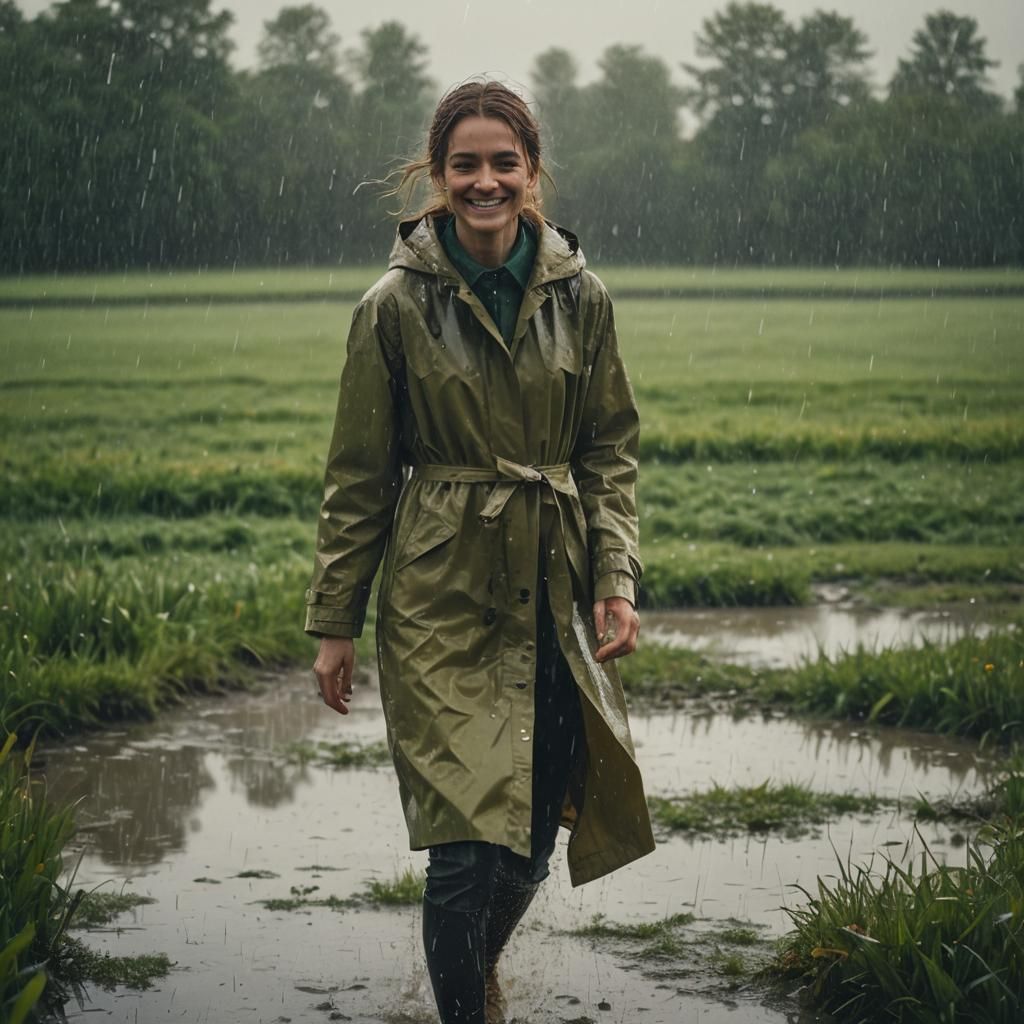 Woman Smiling in Rainy Field: Cinematic Film Still