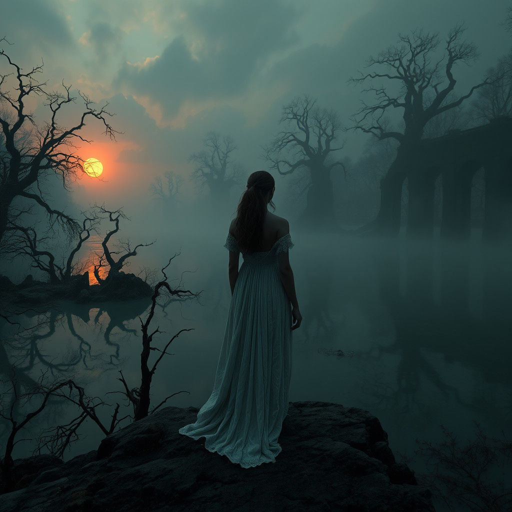 Mystical Lake Sunset in Beksiński-Inspired Style