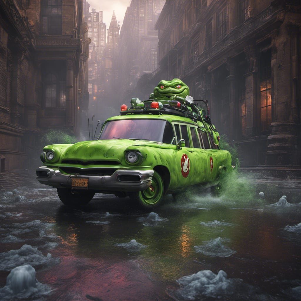 Slimer Cosplaying as a Ghostbuster in Detailed Art