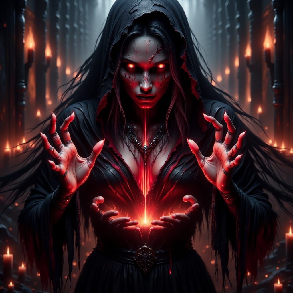 Dark Priestess Conjures Fiery Spell in Tattered Black Robes