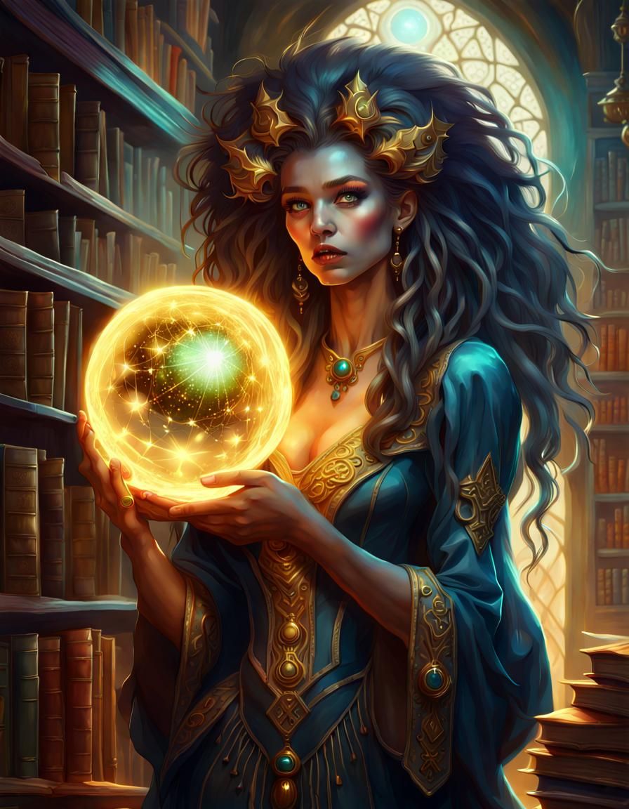 Shocked Witch with Bioluminescent Sphere in Library