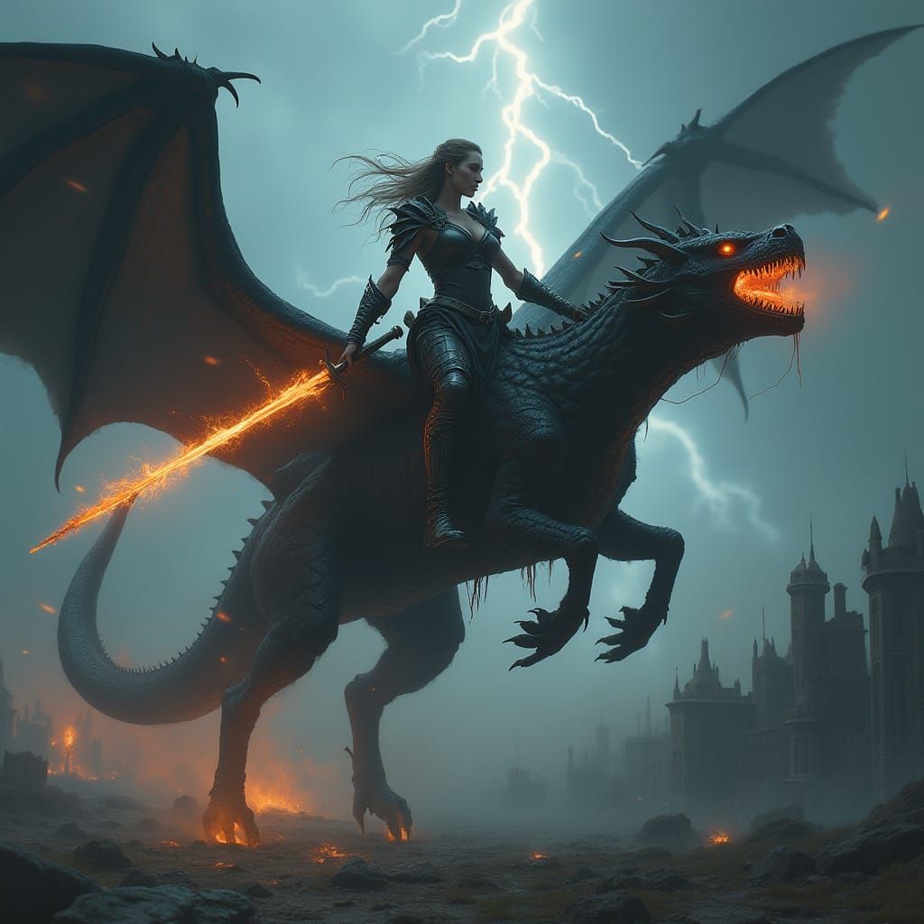 Valkyrie on Dragon in Stormy Sky