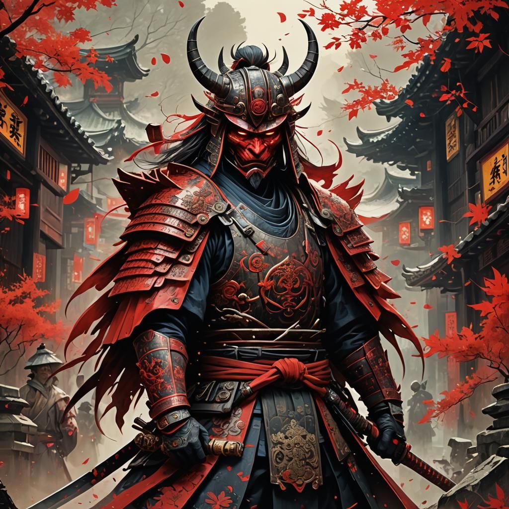 Demon Samurai in Watercolor with Luminous Colors