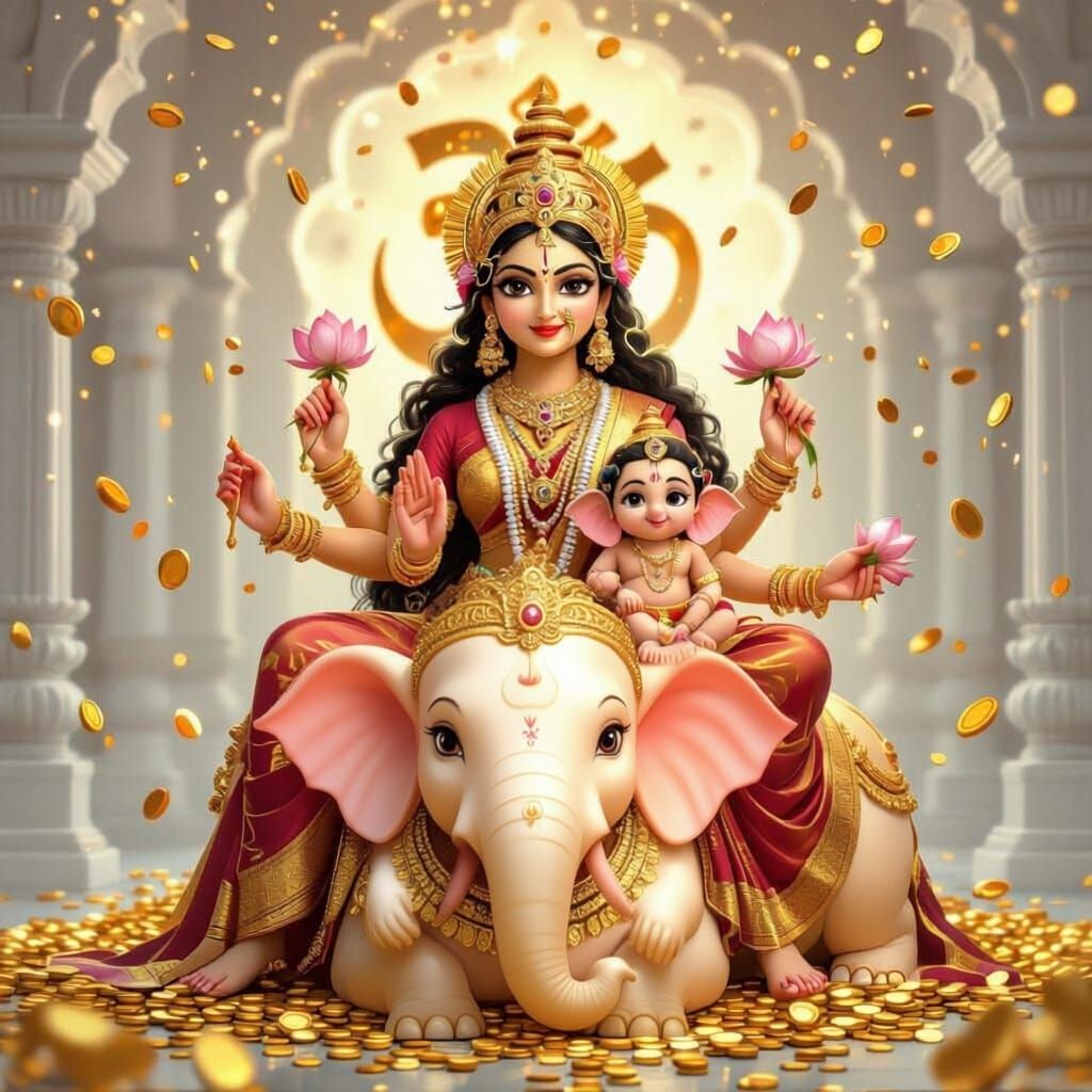 Goddess Lakshmi on Elephant with Bal Ganesh