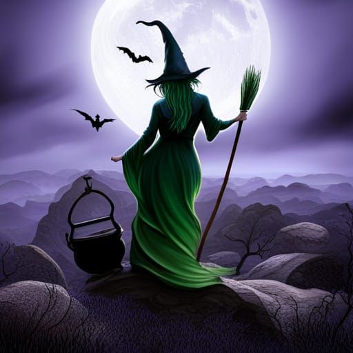 Cackling Halloween Witch with Bubbling Pot, Digital Art