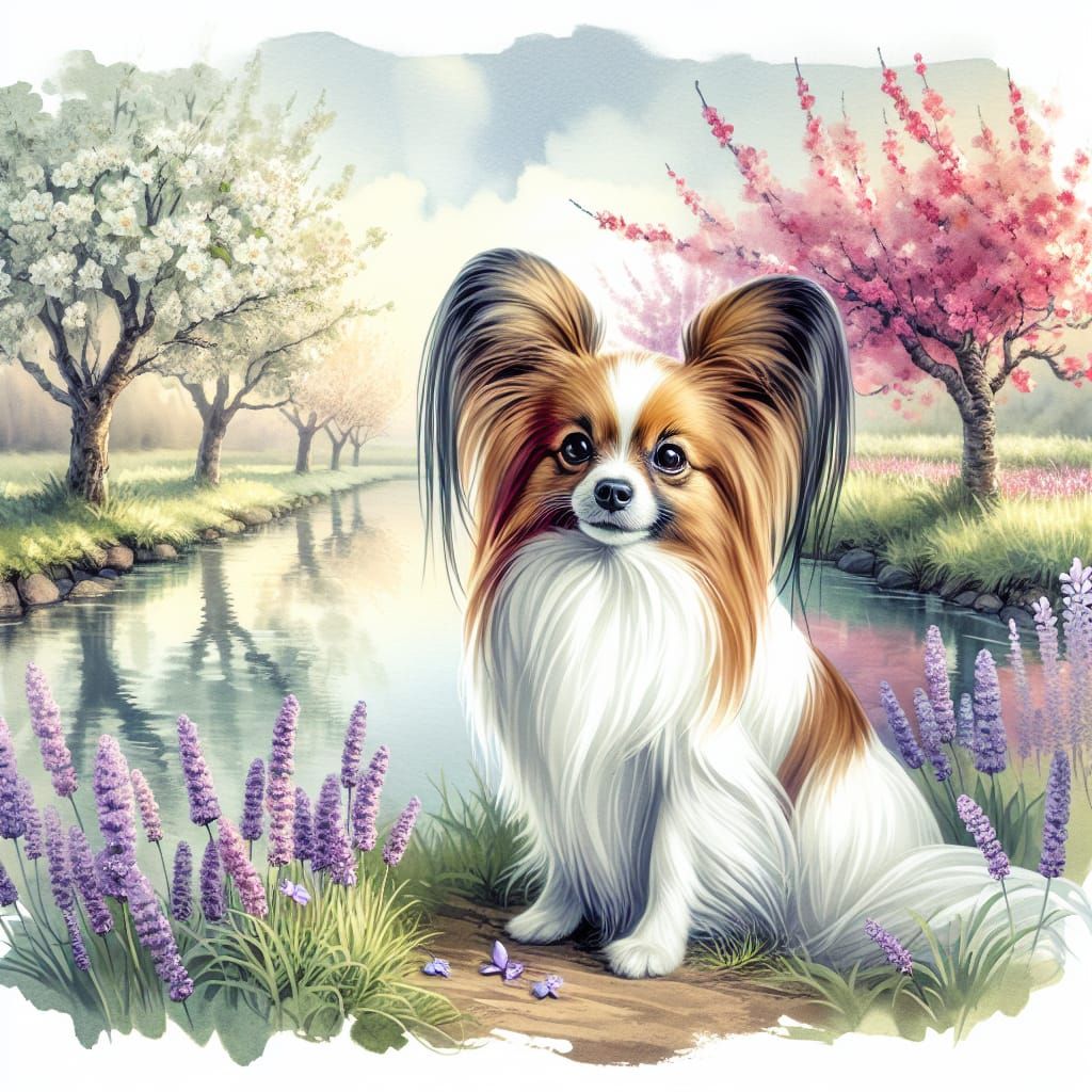 Delicate Papillon Dog in Springtime Wonderland