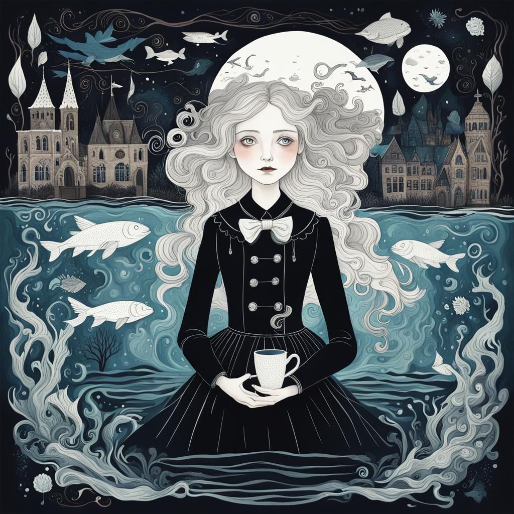 Dark Academia Woman in Whimsical Water World