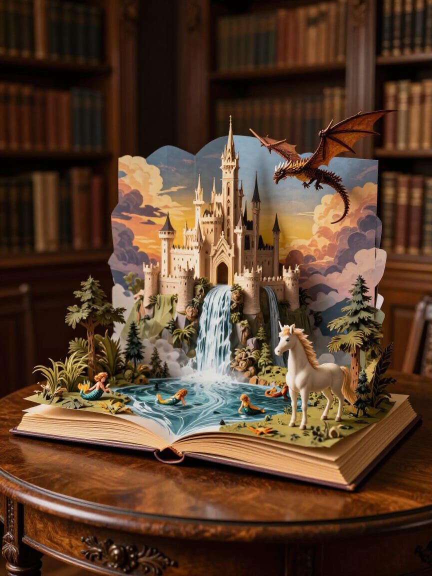 Fantasy Pop-Up Book Scene in Hyperrealistic Style