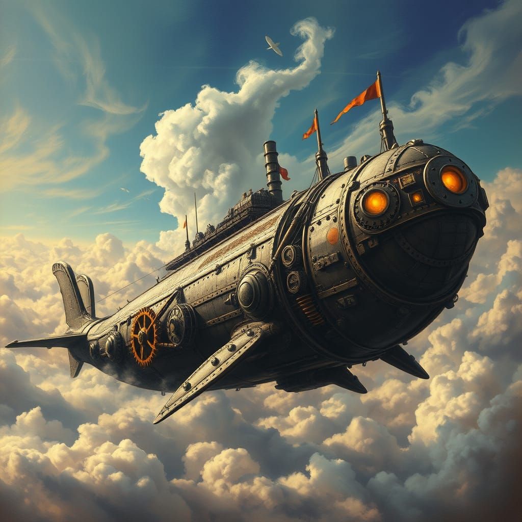 Armored Whale Steampunk Airship in Cloudy Sky