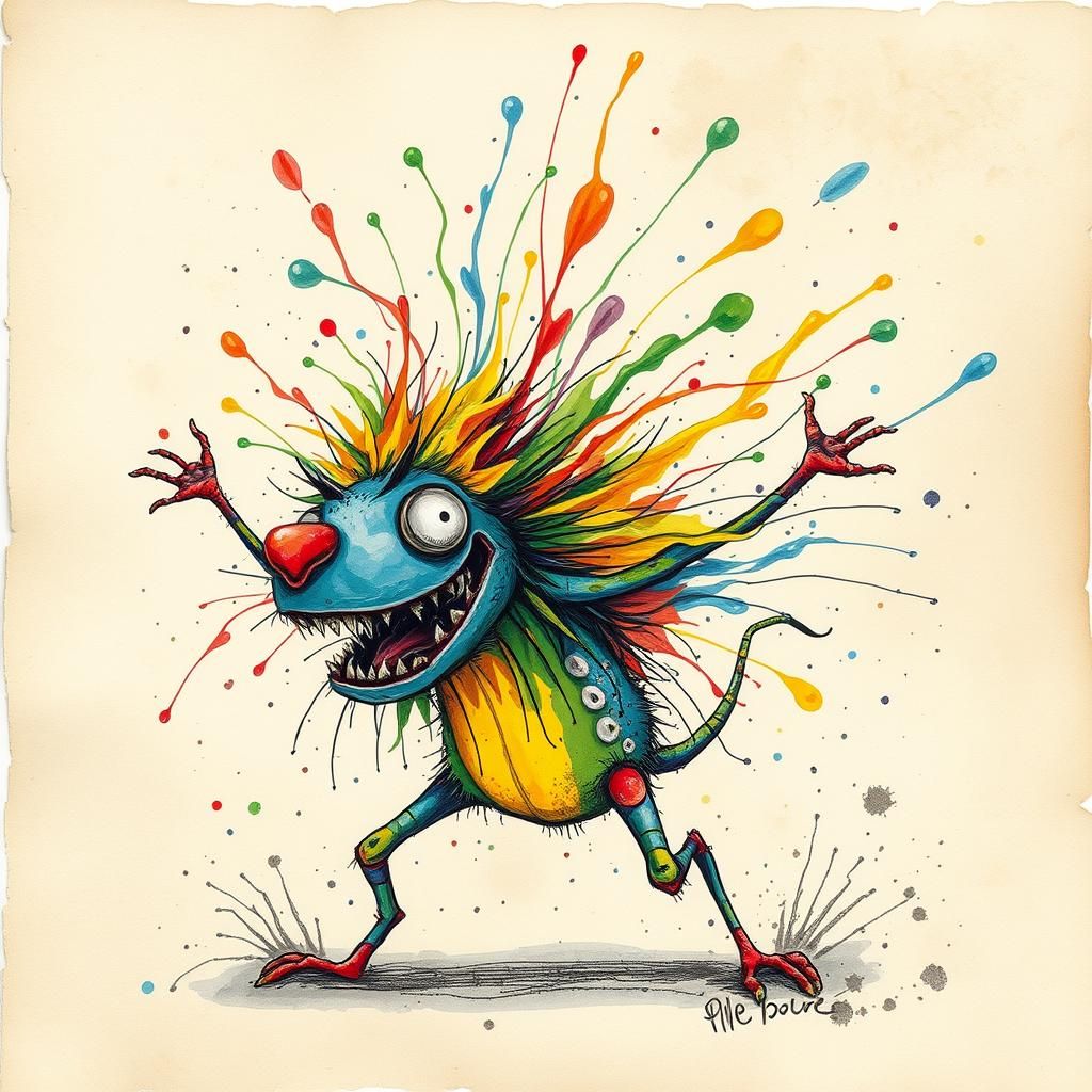 Whimsical Creature with Watercolor Splashes on Parchment