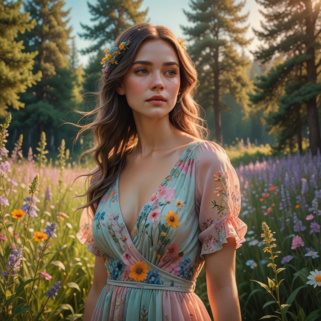 Serene Goddess of Spring in Vibrant Floral Wonderland