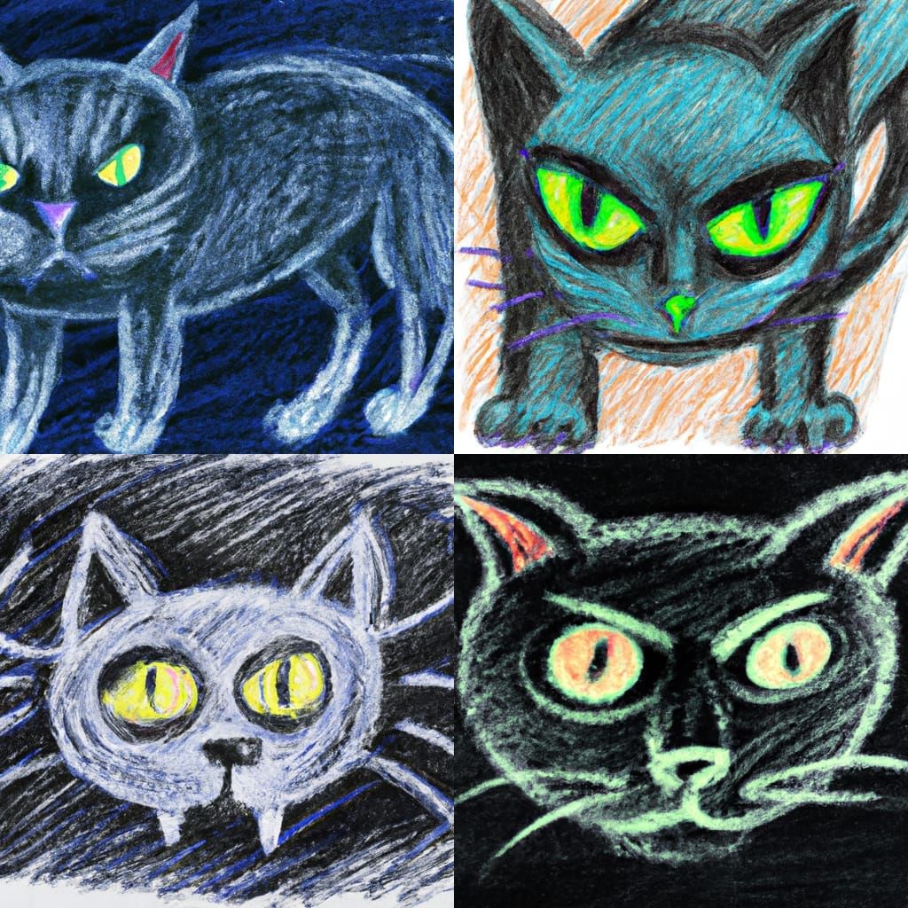 Spooky Cat with Evil Eyes: Crayon Drawing