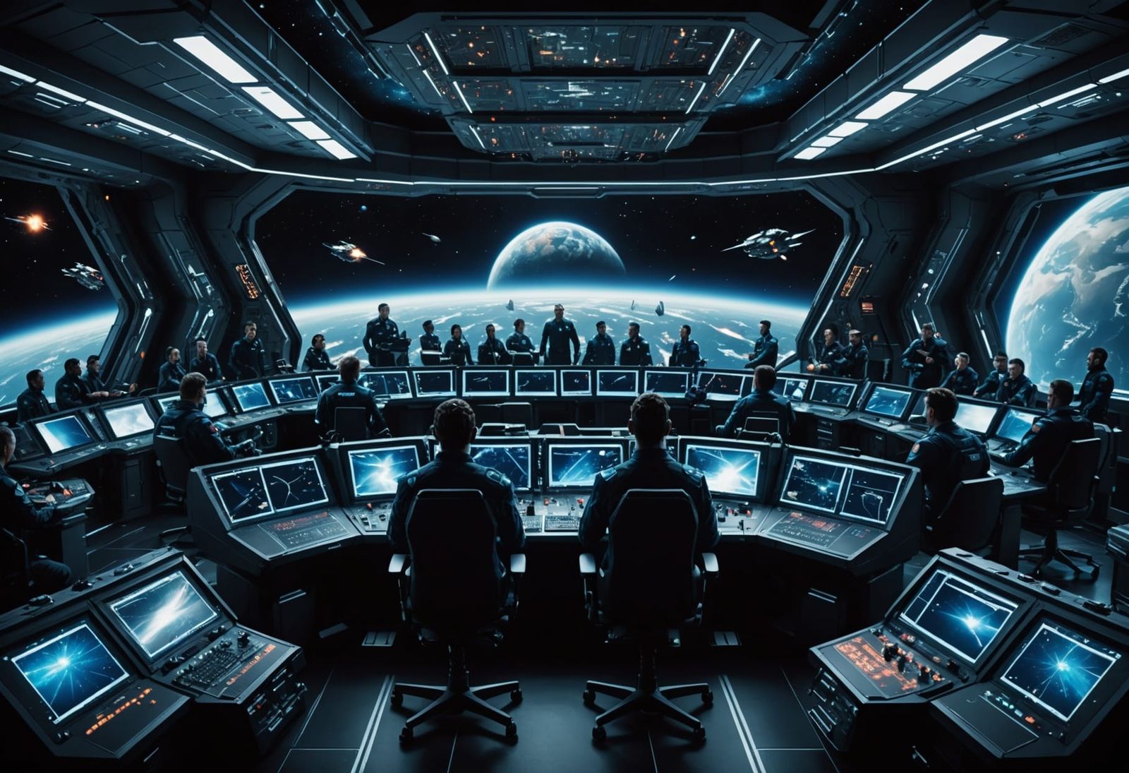Cinematic Futuristic Space Battle Command Center View