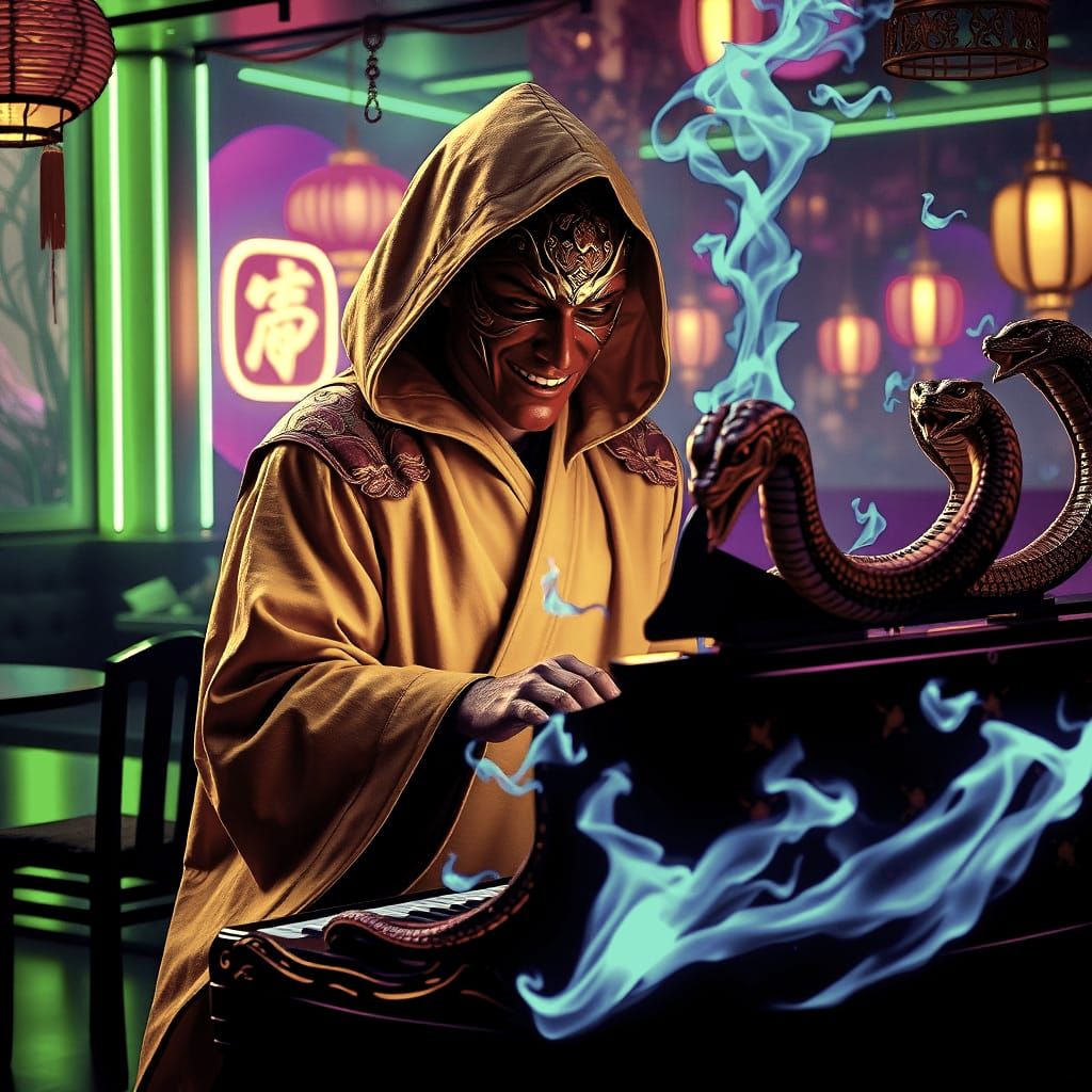 Mystic Pianist in Oriental Mask, Detailed Matte Painting