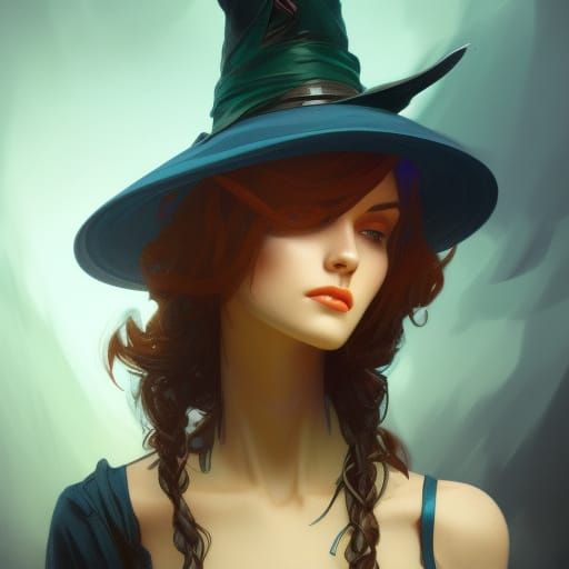Teal Witch Hat Portrait in Hyperdetailed Style
