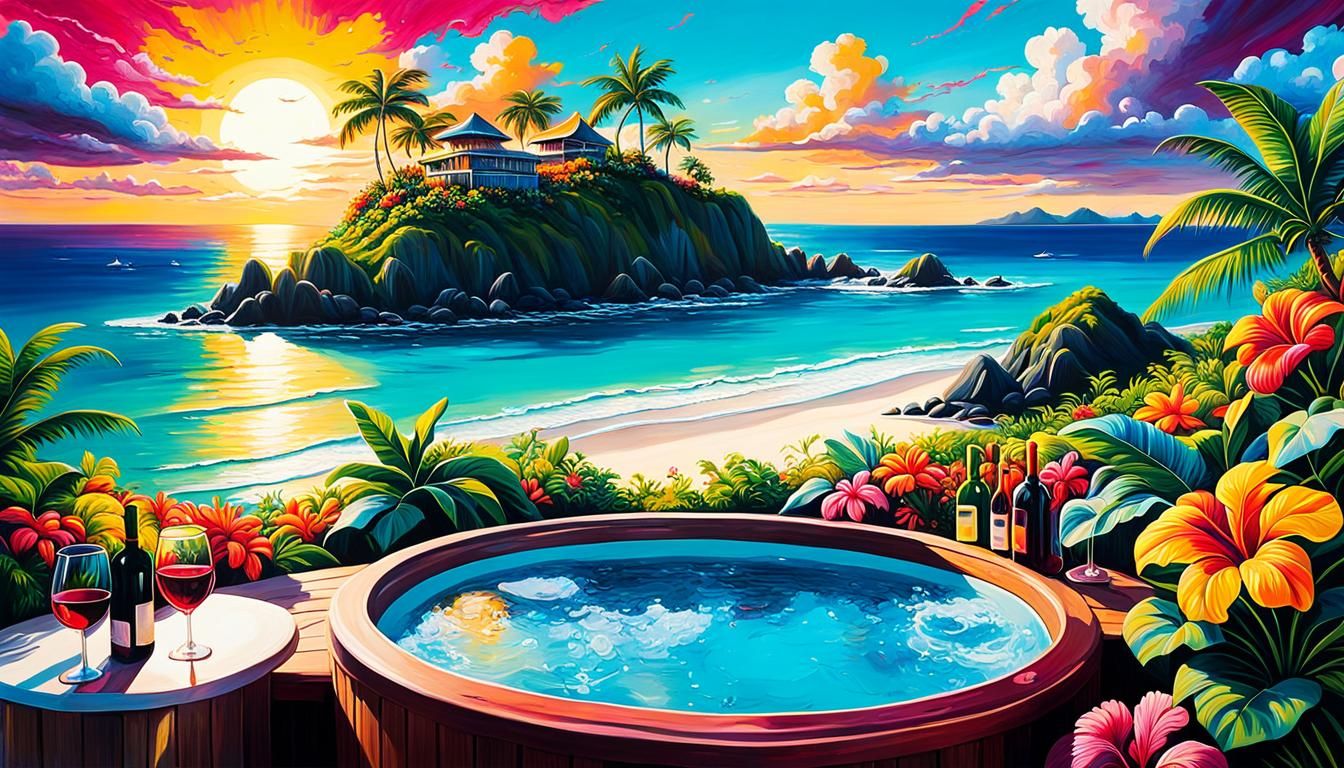 Tropical Island Paradise: Graffiti Art Sunset