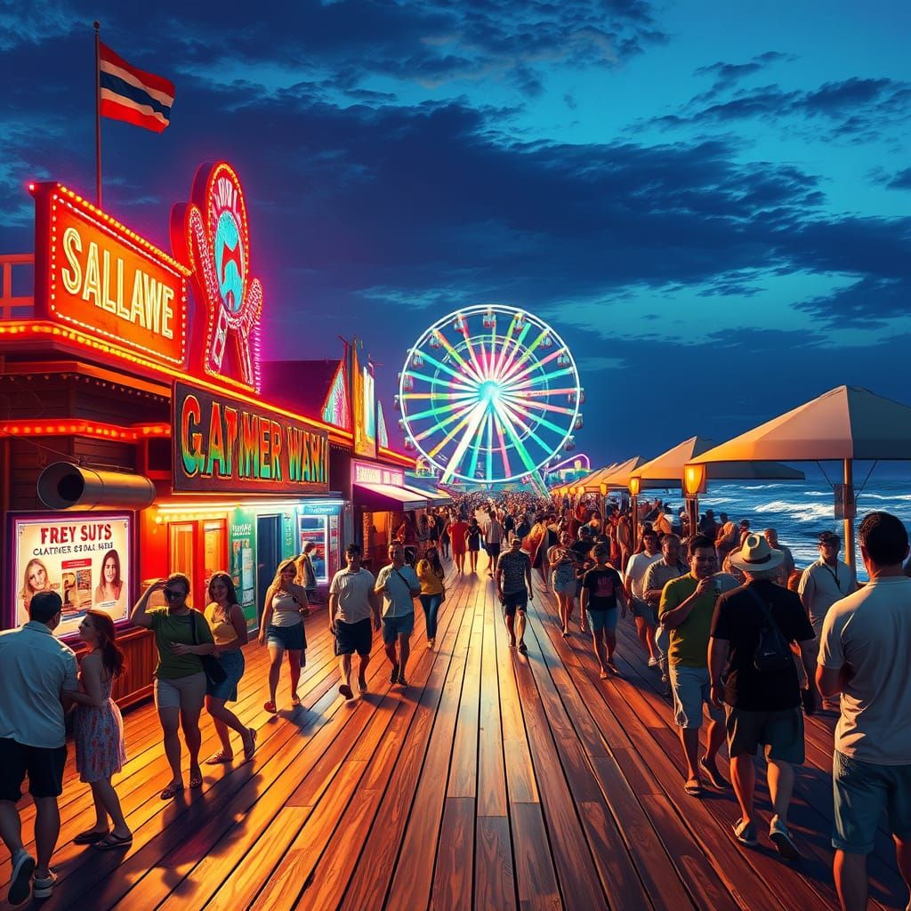 Vibrant Boardwalk Scene at Night in Hyperrealistic Style