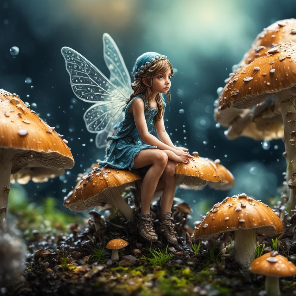 Hyperrealistic Tiny Fairy on Mushrooms