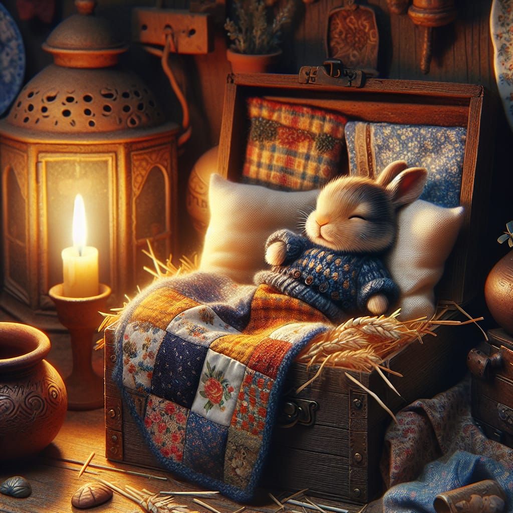 A little rabbit sleeping inside an open wooden box filled with straw, with his head resting on a soft white pillow.