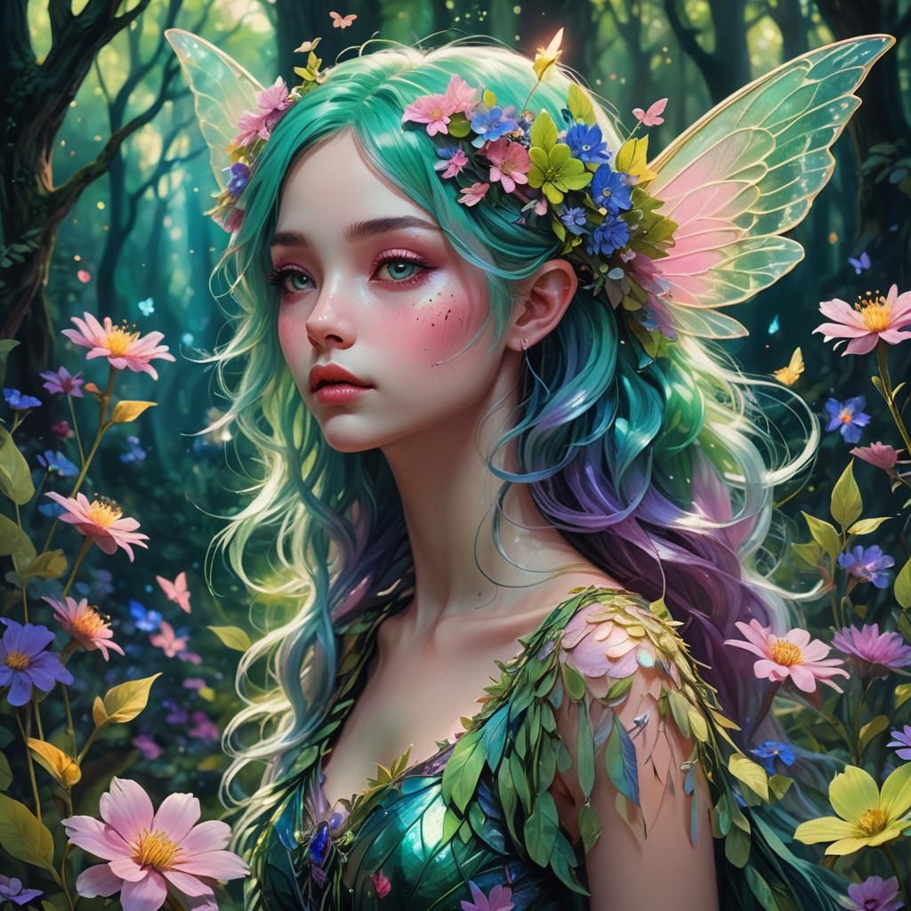 Green-Haired Fairy in Fluorescent Forest Concept Art