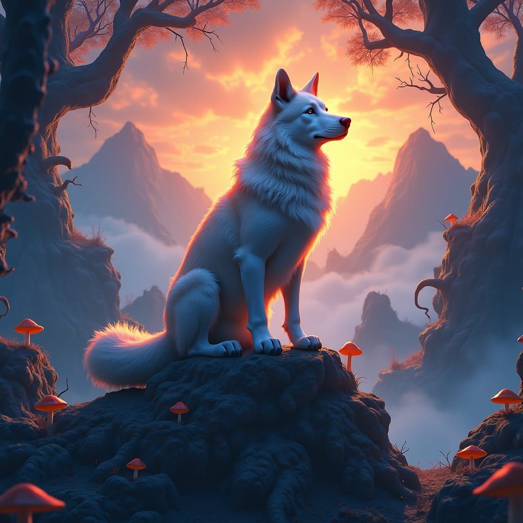 Mystical Canine on Mountain Peak in Fantasy Style