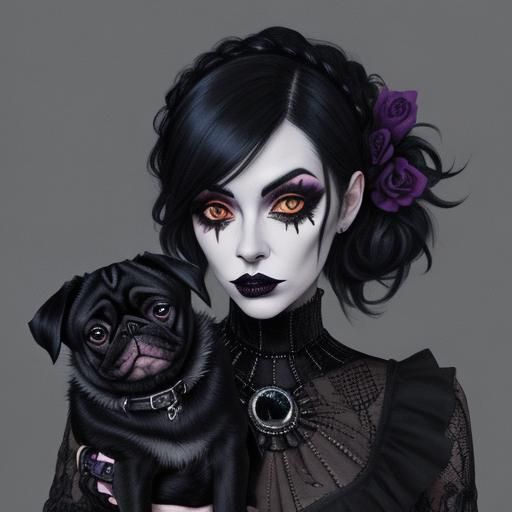 Goth Girl with Pug in Abstract Art Style