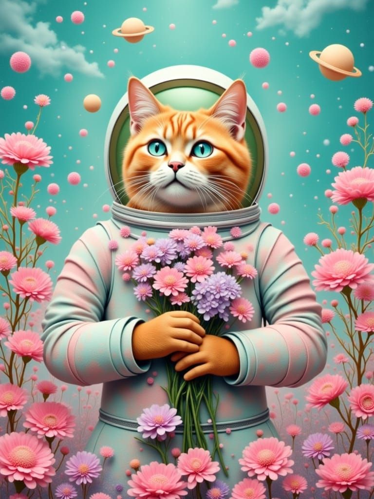Ginger Tabby Cat in Vintage Astronaut Suit Amidst Pastel Pla...