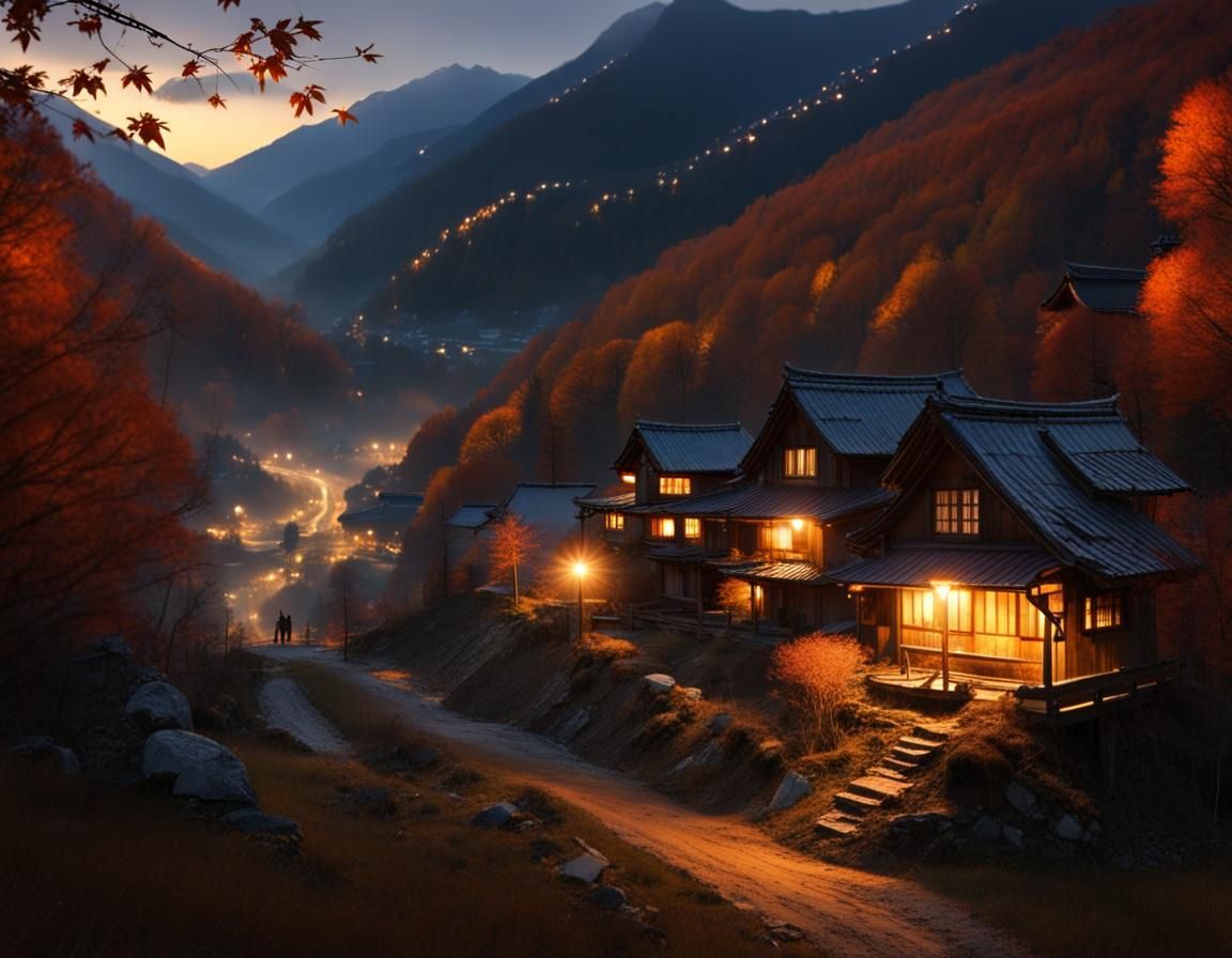 Cozy Village in Valley at Night